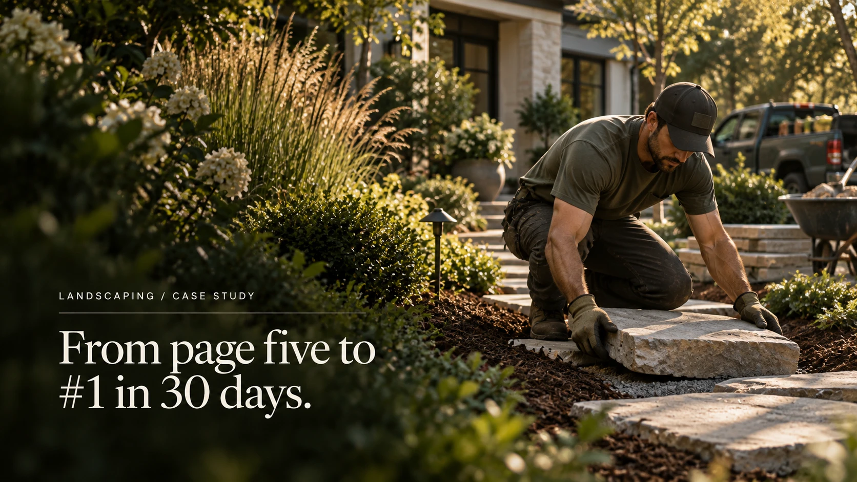 A landscaper sets a flagstone step into a freshly mulched front-yard garden bed.